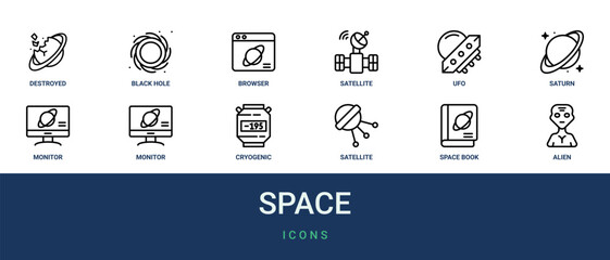 Set of 12 outline web Space icons such as alien, space book, satellite, cryogenic, monitor, monitor, saturn vector icons for report, presentation, diagram, web design, mobile app © Emilia
