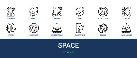 Set of 12 outline web Space icons such as space capsule, eclipse, smartphone, space capsule, planet earth, jetpack, satellite vector icons for report, presentation, diagram, web design, mobile app © Emilia
