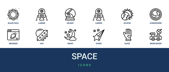 Set of 12 outline web Space icons such as moon rover, glove, stars, moon, ufo, browser, atmosphere vector icons for report, presentation, diagram, web design, mobile app © Emilia