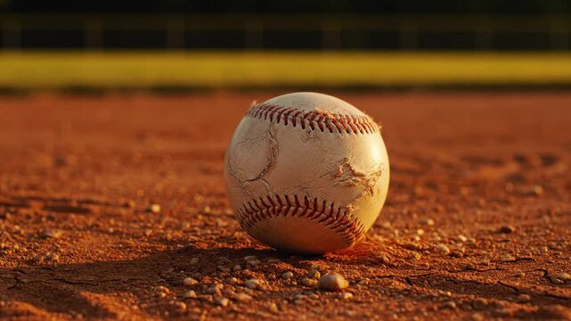 Close-up of a weathered baseball resting on a dirt field with blurred background in warm sunlight