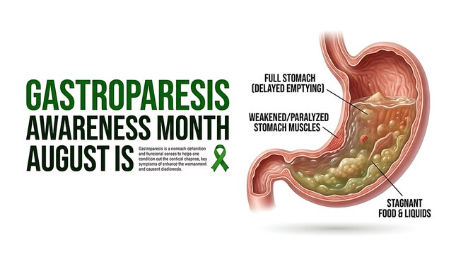 Gastroparesis awareness month infographic showing paralyzed stomach muscles