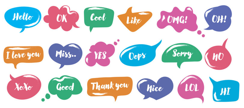 A colorful set of speech bubbles with handwritten text