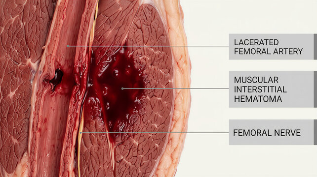Exam of a lacerated femoral artery, interstitial hematoma, and adjacent nerve tissue