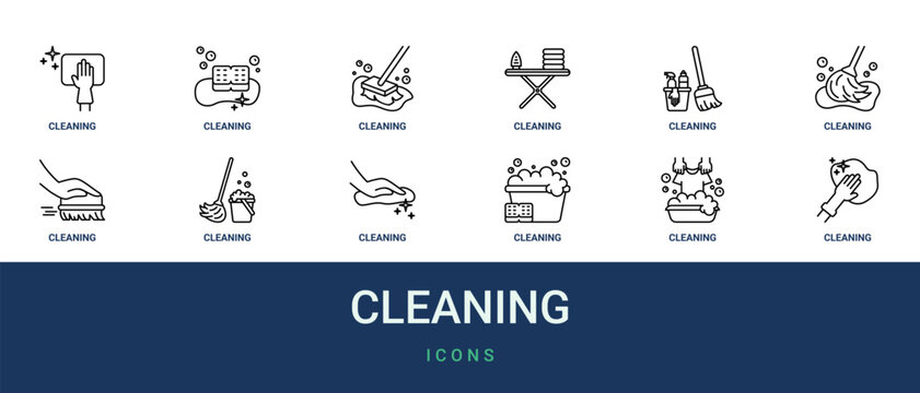Set of 12 outline web Cleaning icons such as cleaning, cleaning, cleaning, vector icons for report, presentation, diagram, web design, mobile app