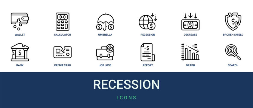 Set of 12 outline web Recession icons such as search, graph, report, job loss, credit card, bank, broken shield vector icons for report, presentation, diagram, web design, mobile app