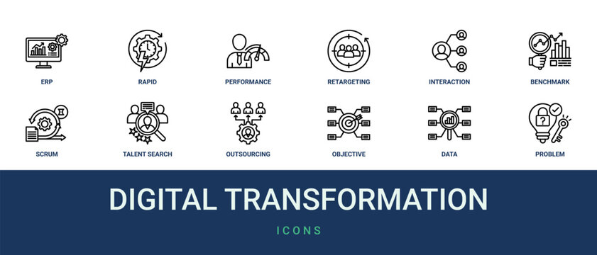 Set of 12 outline web Digital Transformation icons such as problem solving, data classification, objective, outsourcing, talent search, scrum, benchmark vector icons for report, presentation,