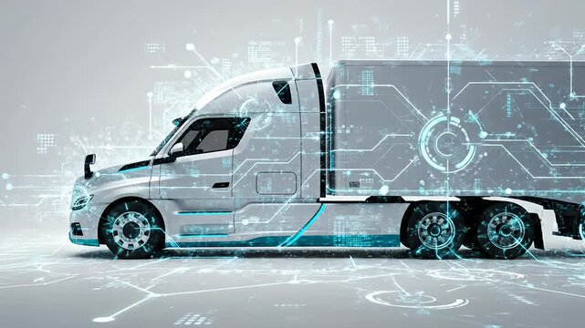 Modern electric semi truck with digital trail effects.