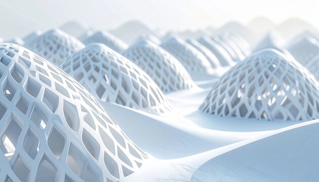 Delicate ceramic lattice domes in seamless white pattern. Intricate architectural texture for modern design projects.