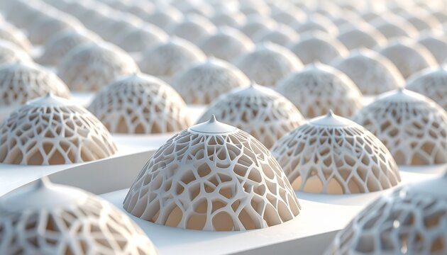 Delicate ceramic lattice domes arranged in a row. Handcrafted white porcelain dessert covers with intricate cut-out patterns for elegant dining.