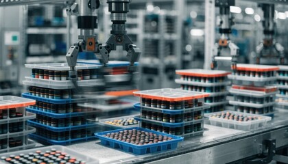 Fototapeta premium Automatic tray handling systems organizing and transferring capacitors on a production line demonstrating efficiency and coordination in industrial automation settings.