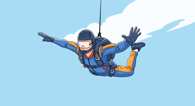 Brave skydiver in a blue and orange suit soaring through the blue sky with clouds, depicting adrenaline extreme sport.