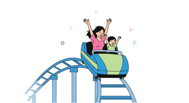 Happy mother and her young son riding a thrilling roller coaster with their hands raised in joy on a white background.