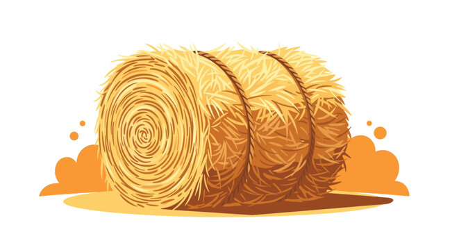 Big round hay bale bound with ropes on an orange background, representing agriculture, harvest time, and farming.