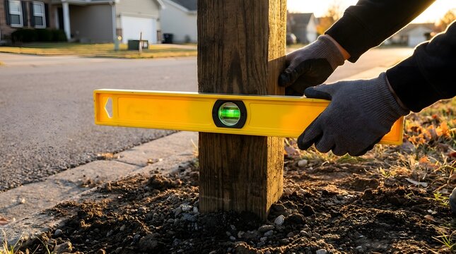 Worker uses yellow spirit level to check wooden post alignment during sunset near suburban street and walkway.