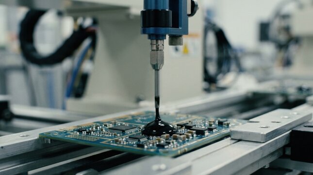 Closeup medium shot of glob top encapsulation process showcasing the controlled dispensing of resin over electronic components for insulation.