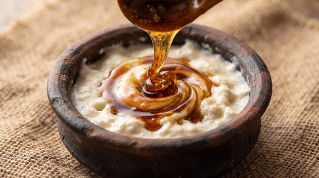 Macro shot of golden kithul treacle pouring over buffalo curd in clay pot