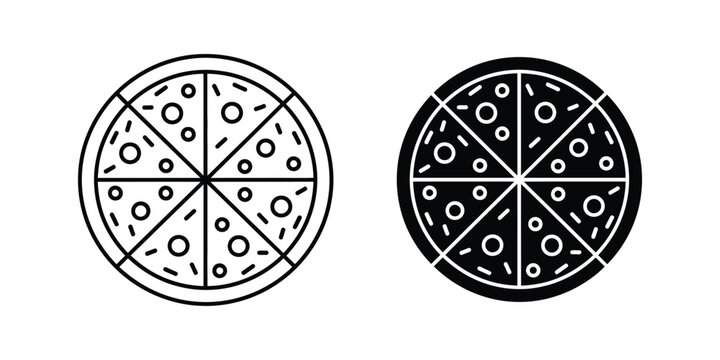 Set of pizza icons in outline and solid black styles for food delivery and restaurant menu design