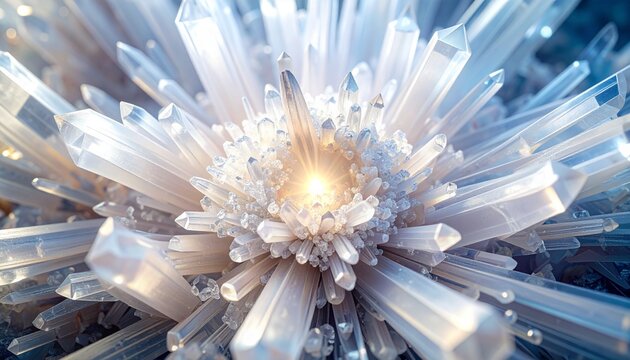 Ultra-premium abstract background of translucent calcite crystal needles. High-resolution mineral texture with radiant light refraction for design...