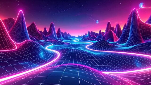 A futuristic landscape with glowing neon lines, grid patterns, and mountains at dusk