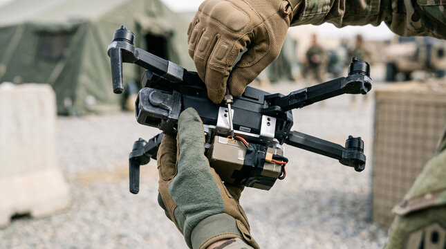 Soldier hands attaching improvised explosive device payload to small folding tactical drone