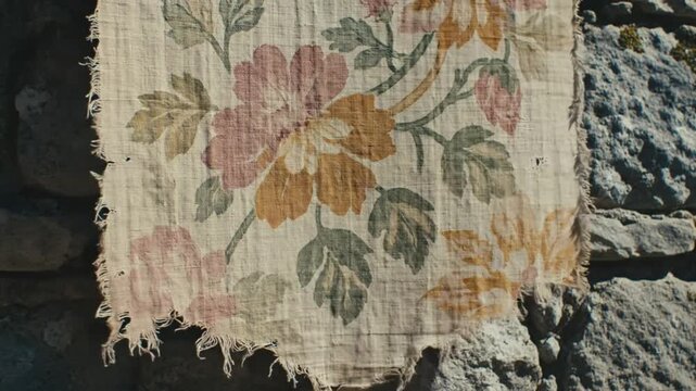 Close-up of a weathered floral fabric patch fluttering gently against a rough stone wall background