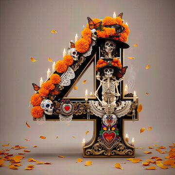  numero 4, flores, cempasuchil, dia de muertos, altar de muertos, calaveritas, mexico, agua, catrinas, mariposa, marco, flor, arcen, vector, floral, decoraciones, hojas, designio, navida, corona, ilus