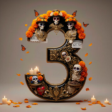  numero 3, flores, cempasuchil, dia de muertos, altar de muertos, calaveritas, mexico, agua, catrinas, mariposa, marco, flor, arcen, vector, floral, decoraciones, hojas, designio, navida, corona, ilus