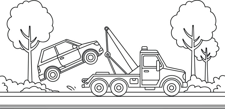 Tow truck lifting a broken vehicle on a rural road scene, drawing of professional roadside assistance and emergency transport and car and coloring