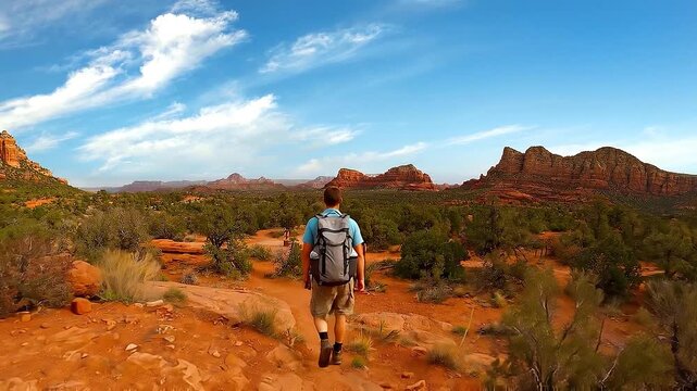 Hiker with backpack walks on red rocks towards distant valley mountains in sedona arizona.