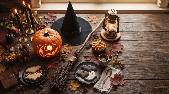 Rustic Halloween Still Life With Jack-O'-Lantern, Witch Hat, Pumpkins, Candies and Autumn Leaves