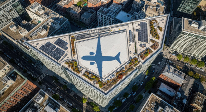 An aerial perspective captures the distinct shadow of a commercial airplane cast directly upon the flat roof of a modern, triangular urban building surrounded by dense city streets and tall.
