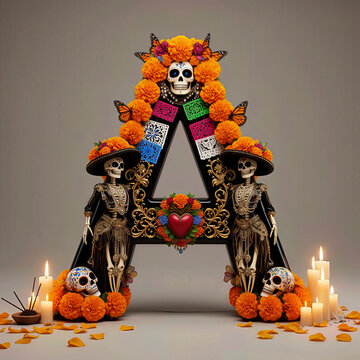  letra A, flores, cempasuchil, dia de muertos, altar de muertos, calaveritas, mexico, agua, catrinas, mariposa, marco, flor, arcen, vector, floral, decoraciones, hojas, designio, navida, corona, ilust