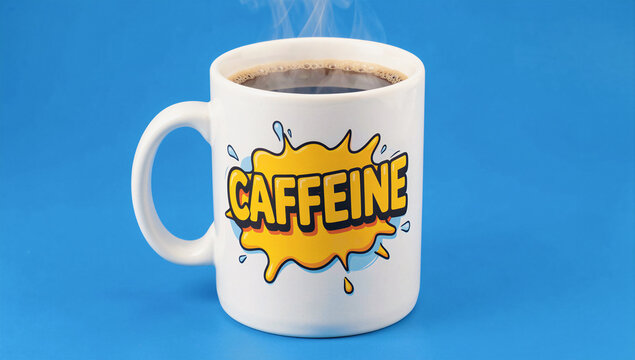 A white mug with "CAFFEINE" printed on it, filled with steaming coffee against a solid blue background.