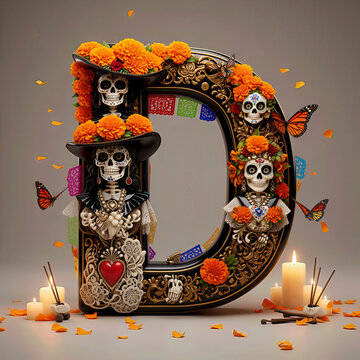  letra D, flores, cempasuchil, dia de muertos, altar de muertos, calaveritas, mexico, agua, catrinas, mariposa, marco, flor, arcen, vector, floral, decoraciones, hojas, designio, navida, corona, ilust