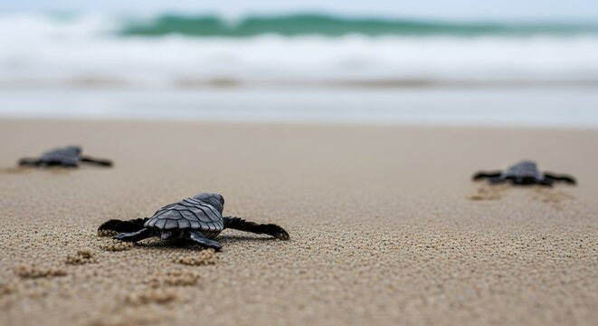 Sea turtle hatchlings crawling on sandy beach toward ocean