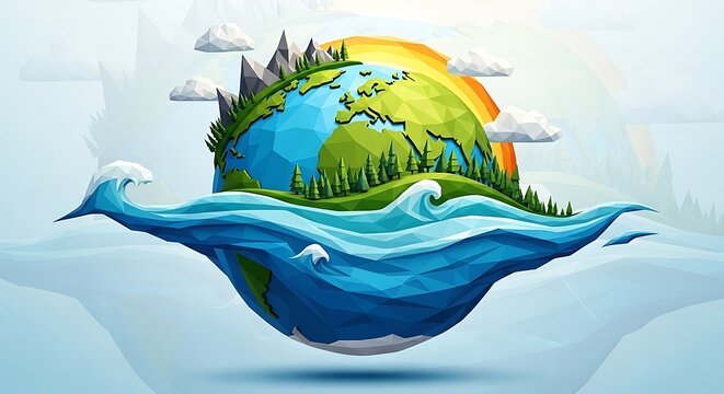LowPoly Earth floating in ocean with sun with mountains, forest, and and clouds.