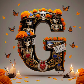  letra G, flores, cempasuchil, dia de muertos, altar de muertos, calaveritas, mexico, agua, catrinas, mariposa, marco, flor, arcen, vector, floral, decoraciones, hojas, designio, navida, corona, ilust