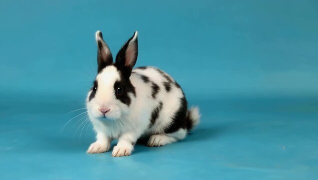 Delightful 4K studio footage of a small fluffy dark and white rabbit hopping playfully across a bright blue chroma key background providing a perfect element for easy visual effects compositing