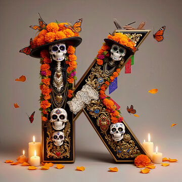  letra K, flores, cempasuchil, dia de muertos, altar de muertos, calaveritas, mexico, agua, catrinas, mariposa, marco, flor, arcen, vector, floral, decoraciones, hojas, designio, navida, corona, ilust