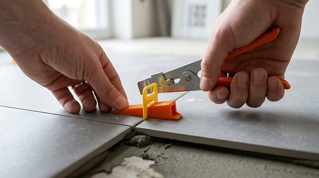 Professional tiling work using leveling wedges and pliers on large grey floor tiles in renovation