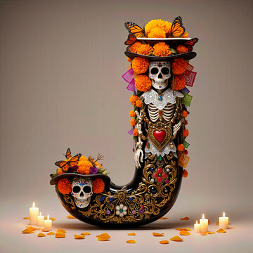  letra J, flores, cempasuchil, dia de muertos, altar de muertos, calaveritas, mexico, agua, catrinas, mariposa, marco, flor, arcen, vector, floral, decoraciones, hojas, designio, navida, corona, ilust