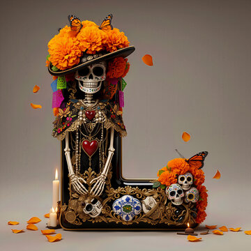  letra L, flores, cempasuchil, dia de muertos, altar de muertos, calaveritas, mexico, agua, catrinas, mariposa, marco, flor, arcen, vector, floral, decoraciones, hojas, designio, navida, corona, ilust