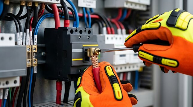 Professional electrician installing copper wiring in an industrial electrical distribution panel