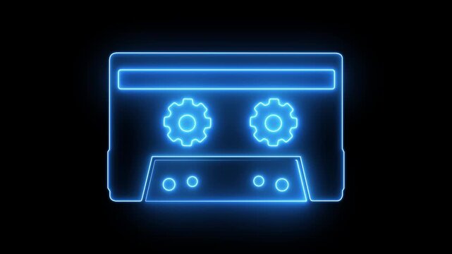 Neon cassette tape concept on the transparent background. Cassette tape recorder with speaker spinning cassettes from For music, pub. 4k animation motion video
