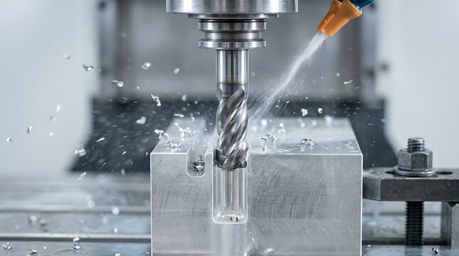Cnc milling machine cutting metal block with coolant spray in industrial manufacturing facility