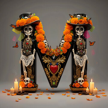  letra M, flores, cempasuchil, dia de muertos, altar de muertos, calaveritas, mexico, agua, catrinas, mariposa, marco, flor, arcen, vector, floral, decoraciones, hojas, designio, navida, corona, ilust