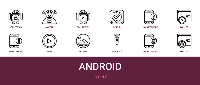 Set of 12 outline web Android icons such as wallet, smartphone, syringes, picture, play, smartphone, wallet vector icons for report, presentation, diagram, web design, mobile app