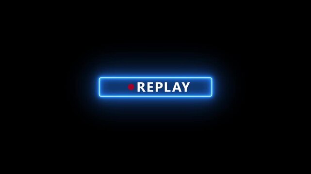 Blue neon outlined rectangular frame with the white text REPLAY" positioned in the left corner. motion graphic of rectangle frame with replay concept.