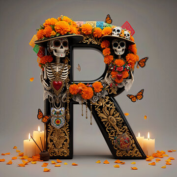  letra R, flores, cempasuchil, dia de muertos, altar de muertos, calaveritas, mexico, agua, catrinas, mariposa, marco, flor, arcen, vector, floral, decoraciones, hojas, designio, navida, corona, ilust