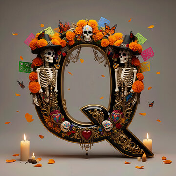  letra Q, flores, cempasuchil, dia de muertos, altar de muertos, calaveritas, mexico, agua, catrinas, mariposa, marco, flor, arcen, vector, floral, decoraciones, hojas, designio, navida, corona, ilust